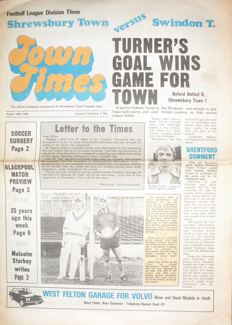<b>Saturday, August 26, 1978</b><br />vs. Shrewsbury Town (Away)